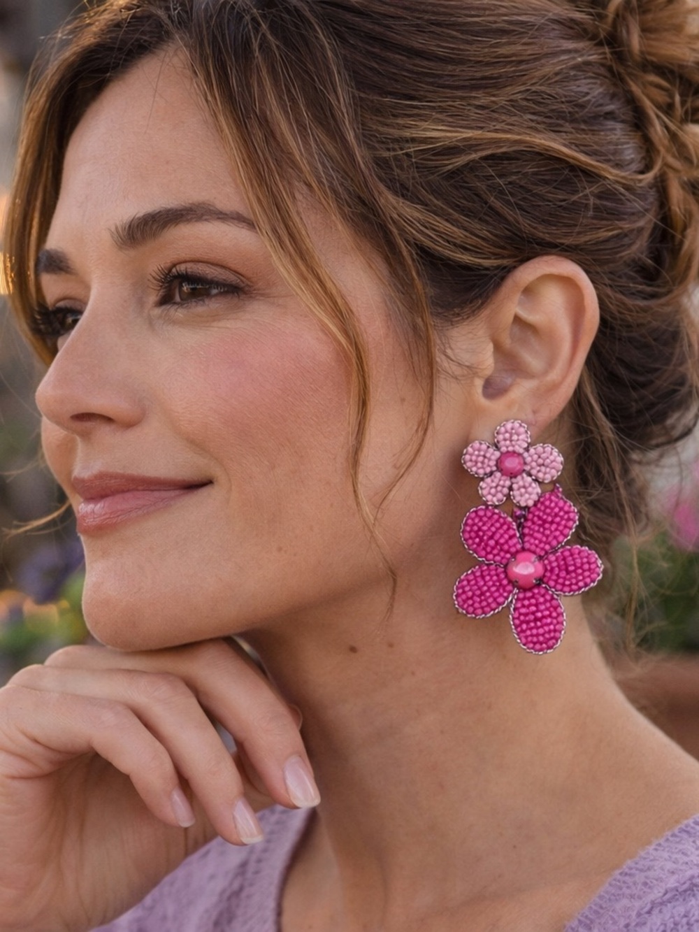 Pink Beaded Statement Earrings Set | XO, Floral & Palm Leaf Trio